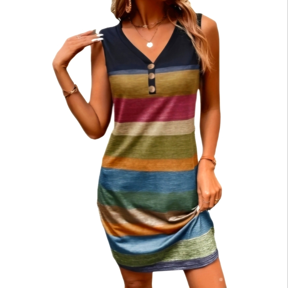 NWOT Sexy v-neck button front striped sleeveless stretchy midi dress